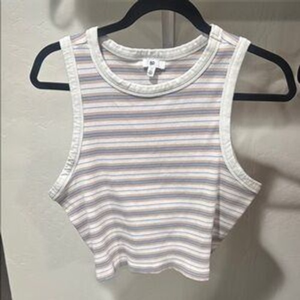 BP. Women 1X Pastel Striped Rib Knit High Neck Cropped‎ Tank Top White Multi